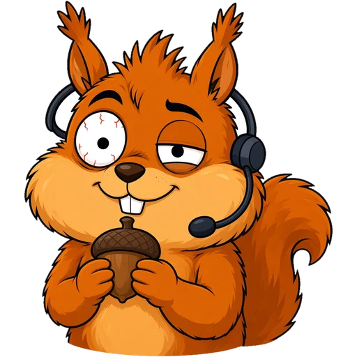 A frazzled cartoon squirrel with cheeks full of acorns, surrounded by sticky notes and browser windows